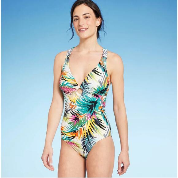 Shade & Shore Other - Shade & Shore Tropical Print Plunge Ring Detail One Piece Swimsuit Size Small